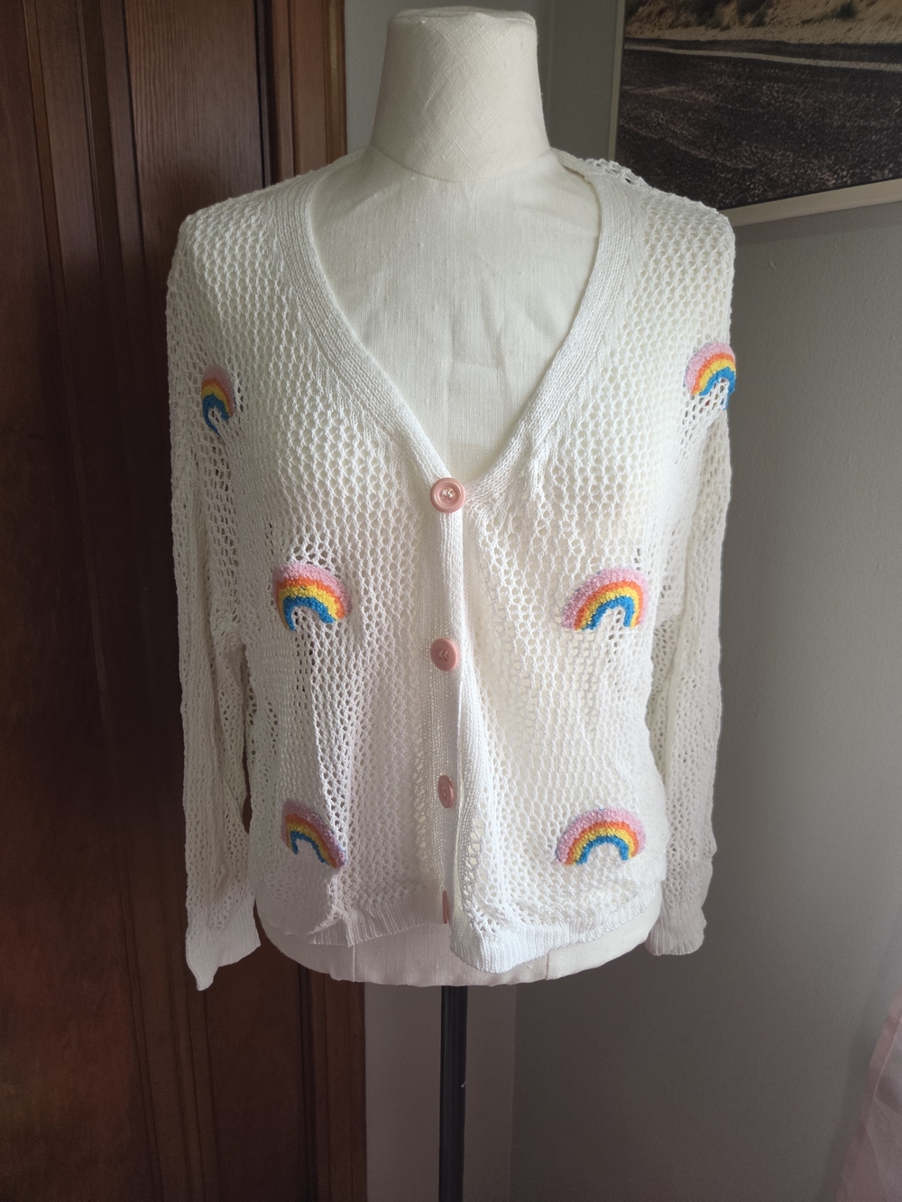 SHEIN White Open Knit Cardigan with Rainbow Patches